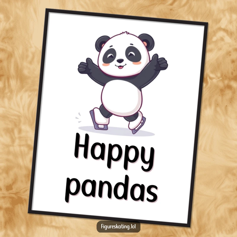 Funny poster art of a panda shuffling joyfully on tiny ice skates, perfect for charming wall decor.