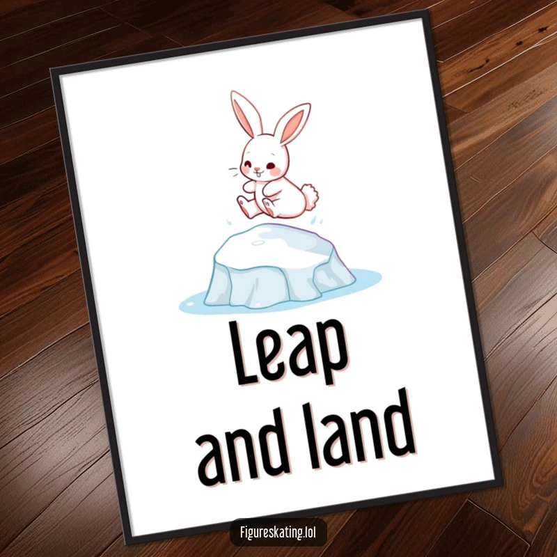 Funny bunny gracefully leaping from an ice patch on a poster, bringing playful energy and charm.