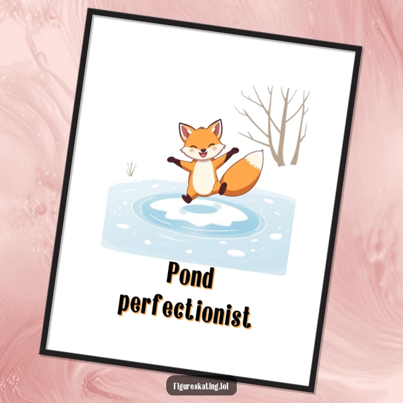 Funny poster, grinning fox performing a graceful spin on a frozen pond, a stylish and humorous winter scene.