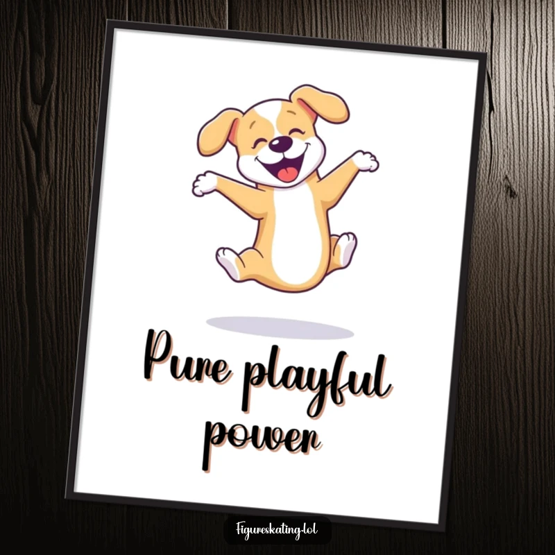 Funny dog ice skating poster displaying a playful dog executing a perfect triple axel with infectious joy, perfect for pet lovers.