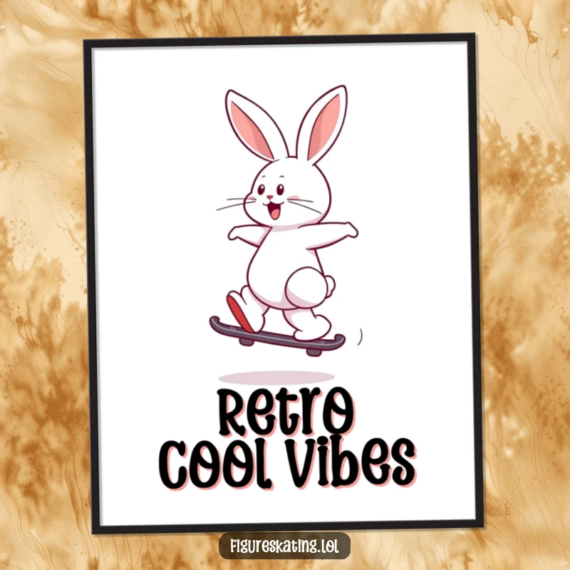 Funny poster print of a playful rabbit joyfully leaping while skating backward, embodying cool retro vibes.