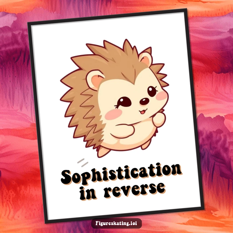 Funny happy hedgehog gliding backward with a shy smile, featured in a humorous poster for wall art.