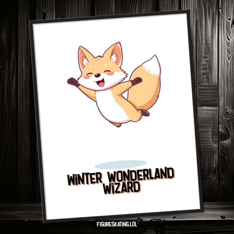 Funny Arctic Fox Poster: Giggling arctic fox soaring through the air in a spectacular figure skating jump, full of playful energy.