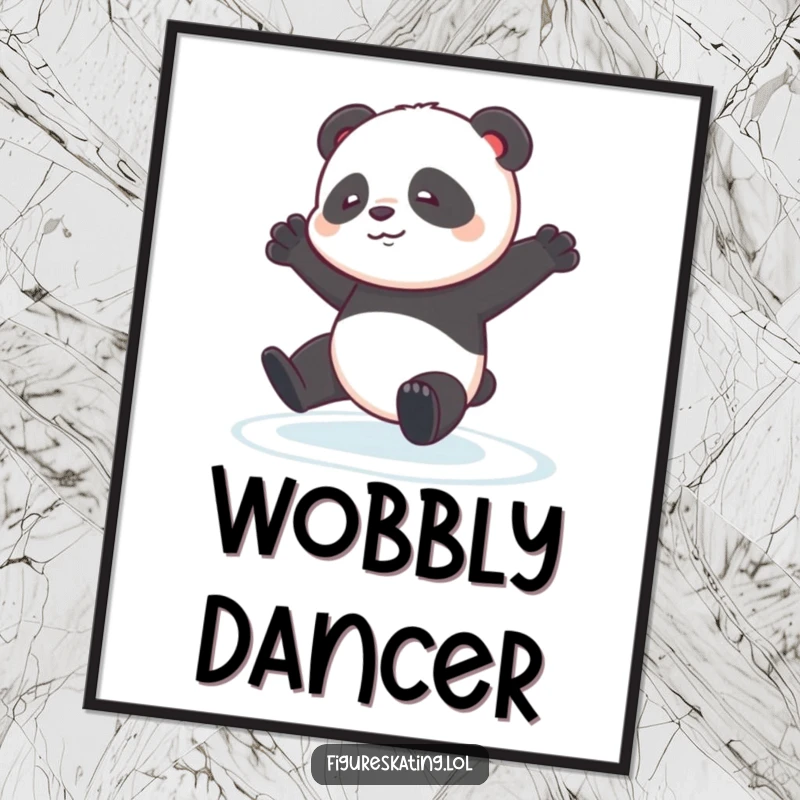 Funny Panda Pirouette Poster: A contented panda cub stumbling slightly during an ice pirouette, artistic and humorous.