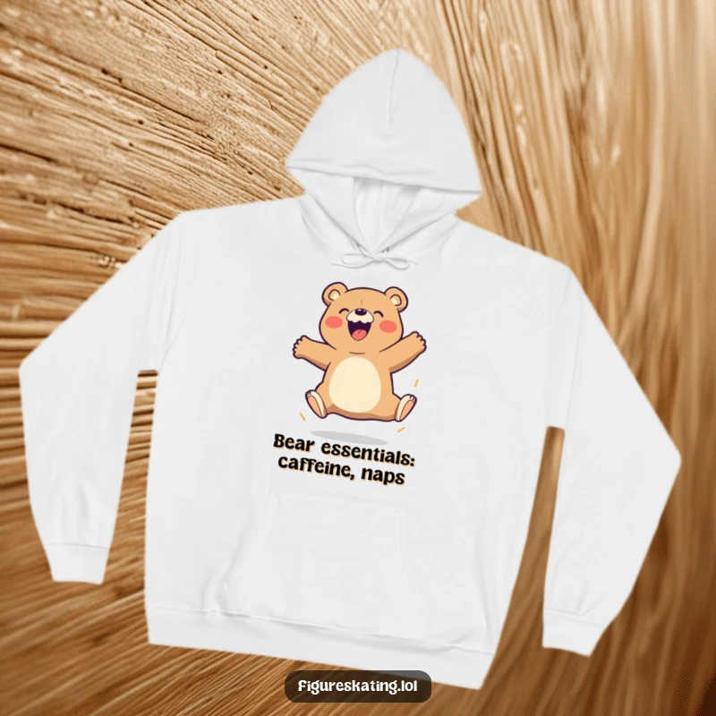 Funny Bear Hoodie showcasing a beaming cartoon bear executing a triple jump with great enthusiasm, perfect for chilly days.