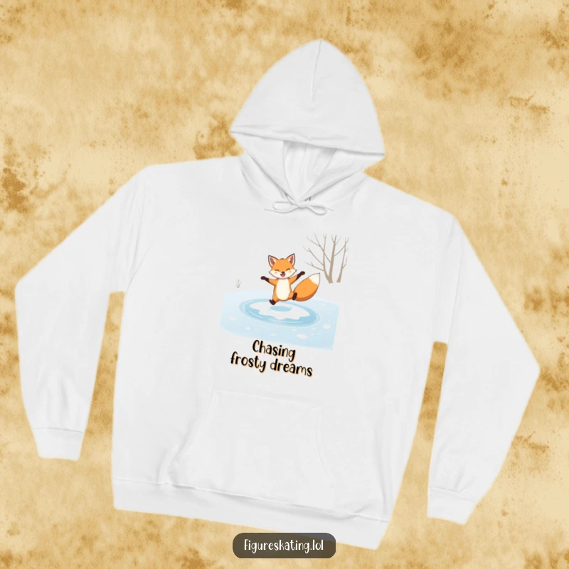 Funny hoodie, grinning fox performing a graceful spin on a frozen pond, providing cozy warmth and winter humor.