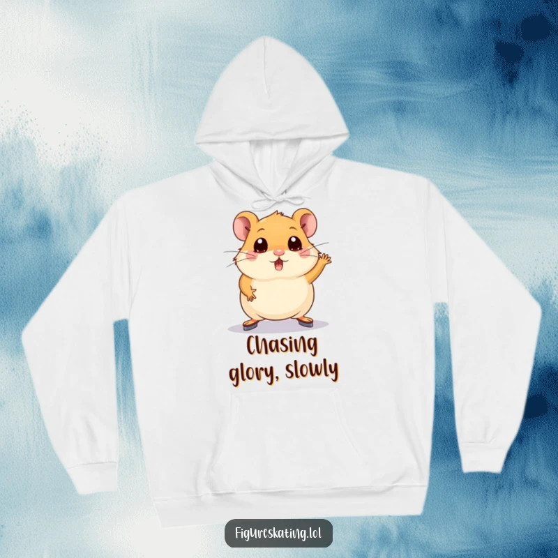 Funny hamster hoodie depicting a plump hamster wide-eyed, attempting a figure skating pose, ideal for cozy humor.