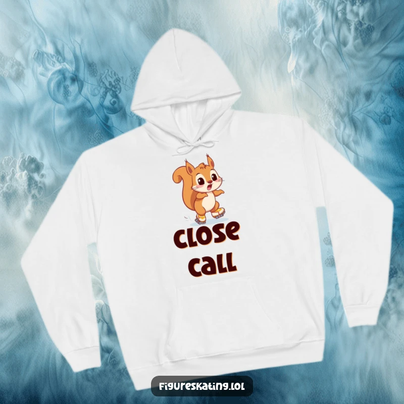Funny hoodie featuring a playfully surprised squirrel narrowly avoiding a collision on ice skates, perfect for cozying up.