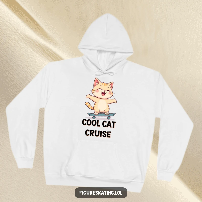Funny hoodie with a joyful cat skating backwards with a proud smile, offering warmth and a dash of feline coolness.