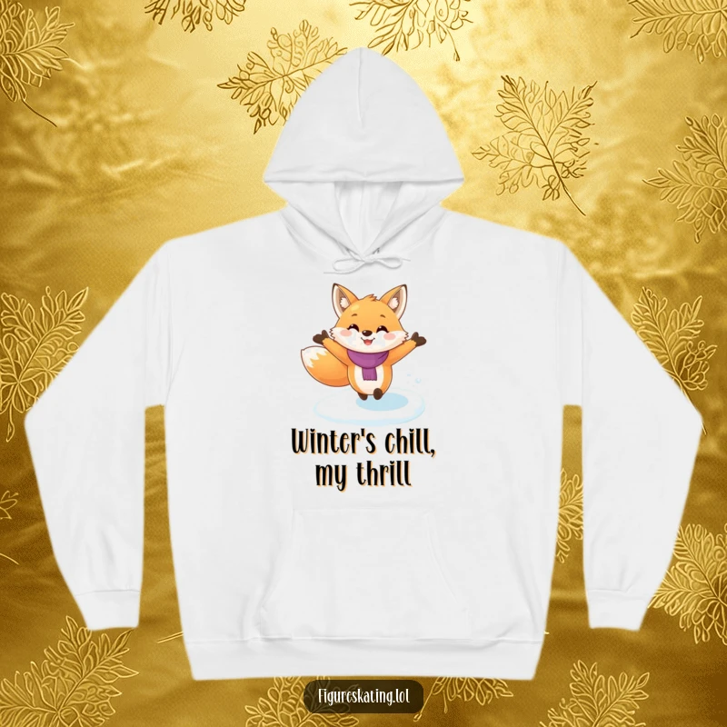 Funny fox costume hoodie, arms spread wide, attempting a graceful glide on ice skates, embodying a spirit of cheerful, hilarious winter adventure.
