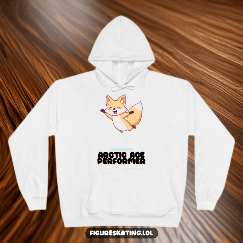 Funny Arctic Fox Hoodie: Giggling arctic fox captured mid-jump during an energetic figure skating routine, exuding pure joy.