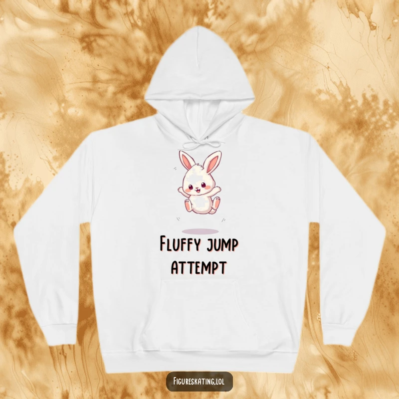 Funny hoodie depicting a fluffy bunny energetically, yet wobbly, attempting a triple jump, full of determination.