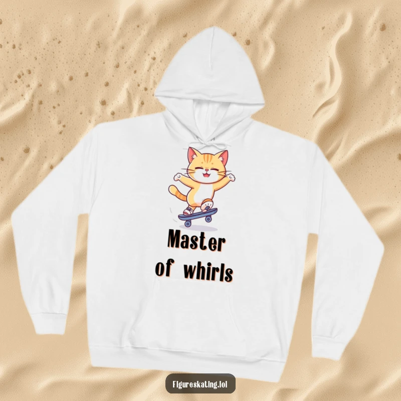Funny cat ice skating hoodie showing a determined cat mid-spin on one skate, radiating focused energy and playful mischief.