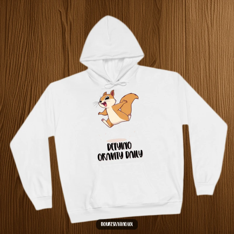 Funny squirrel hoodie showing a determined squirrel in mid-air leap, radiating energy and a sense of accomplishment, a cozy and funny item.