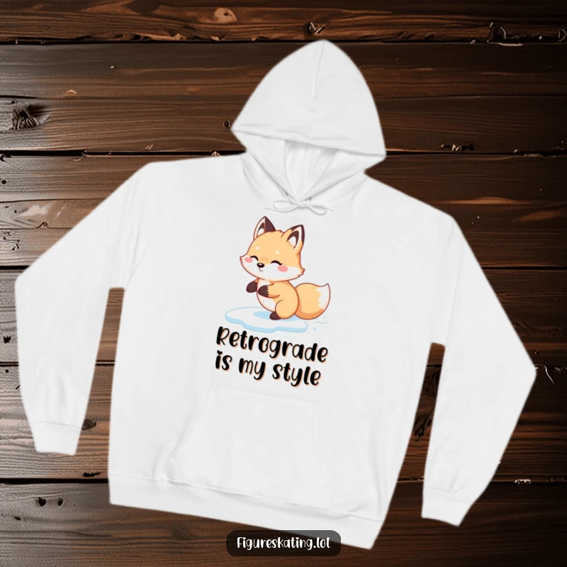 Funny Fox Glide Hoodie, depicting a fluffy fox happily gliding backwards on ice, offering cozy comfort and winter cheer.