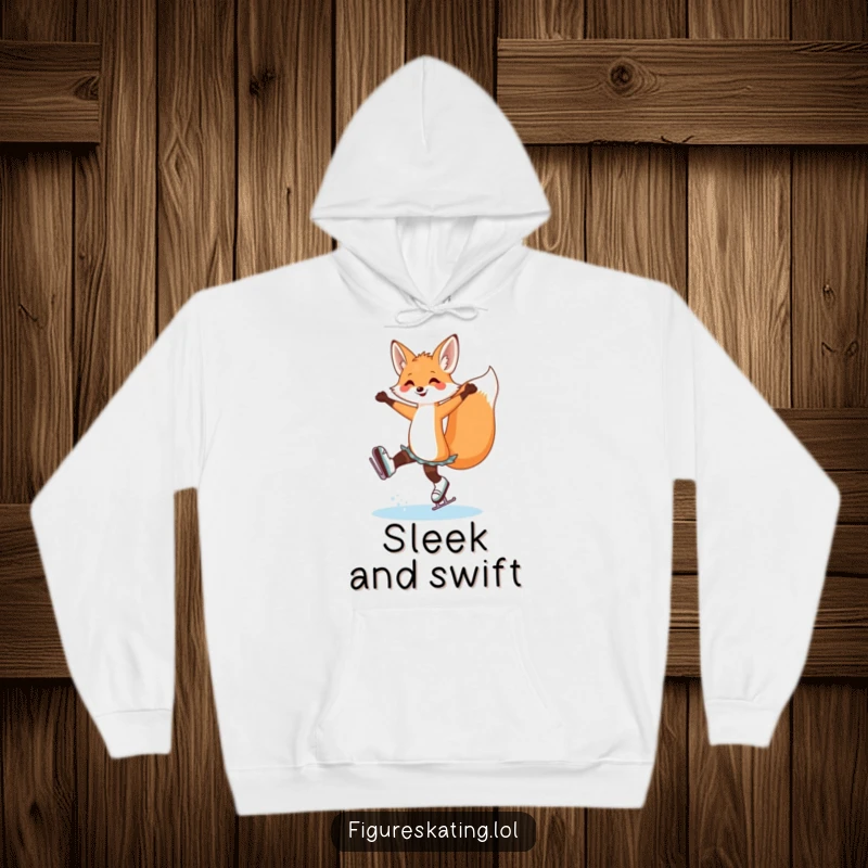 Funny fox ice skating hoodie showing a happy fox in a stunning arabesque, blending athleticism with artistic expression.