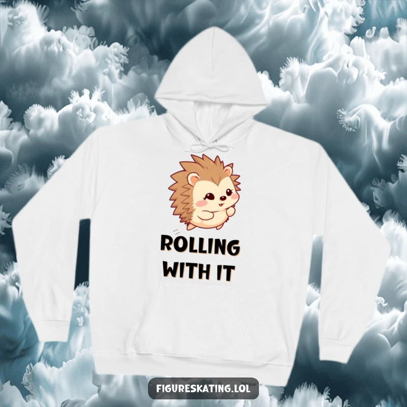 Funny happy hedgehog gliding backward with a shy smile, on a cozy hoodie, spreading warmth and amusement.