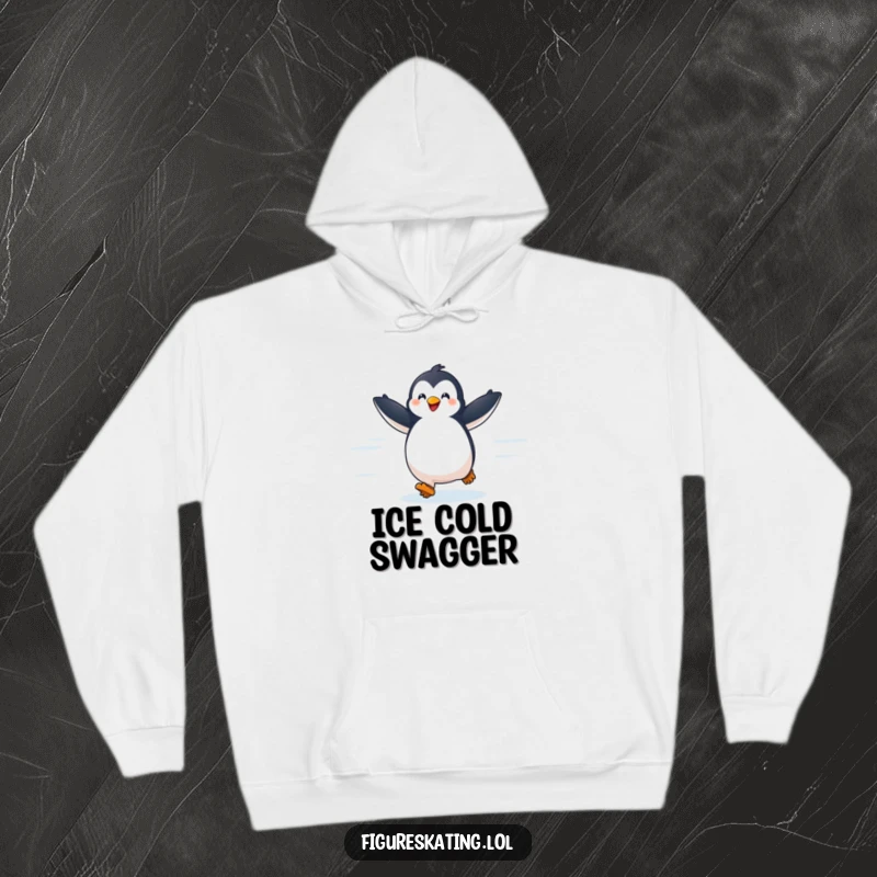 Funny hoodie with a delighted penguin gliding gracefully across ice, arms open wide, offering warmth and cheerful style.