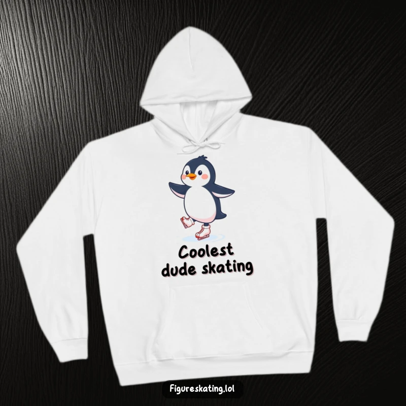 Funny penguin ice skating hoodie, illustrating a beaming penguin performing a flawless twirl on a frozen rink, radiating pure joy.