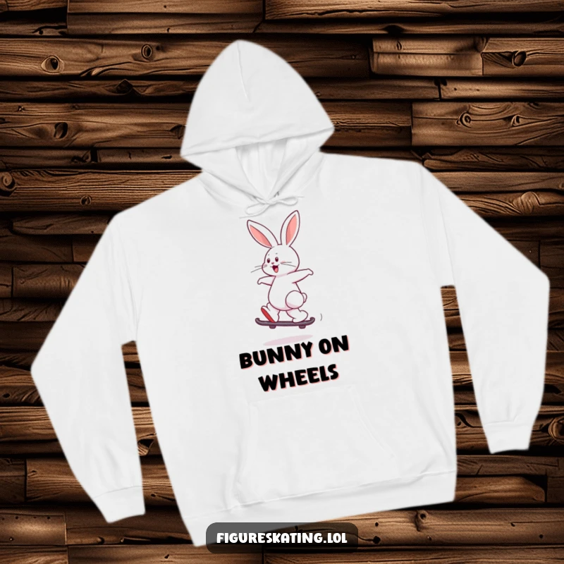Funny hoodie showcasing a playful rabbit joyfully leaping while skating backward, radiating cool energy.