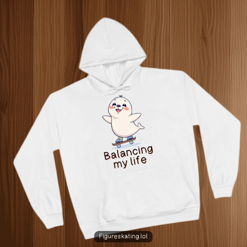 Funny Seal Skate Hoodie, showing a curious seal balancing on one skate with a wide grin, offering cozy comfort and humor.