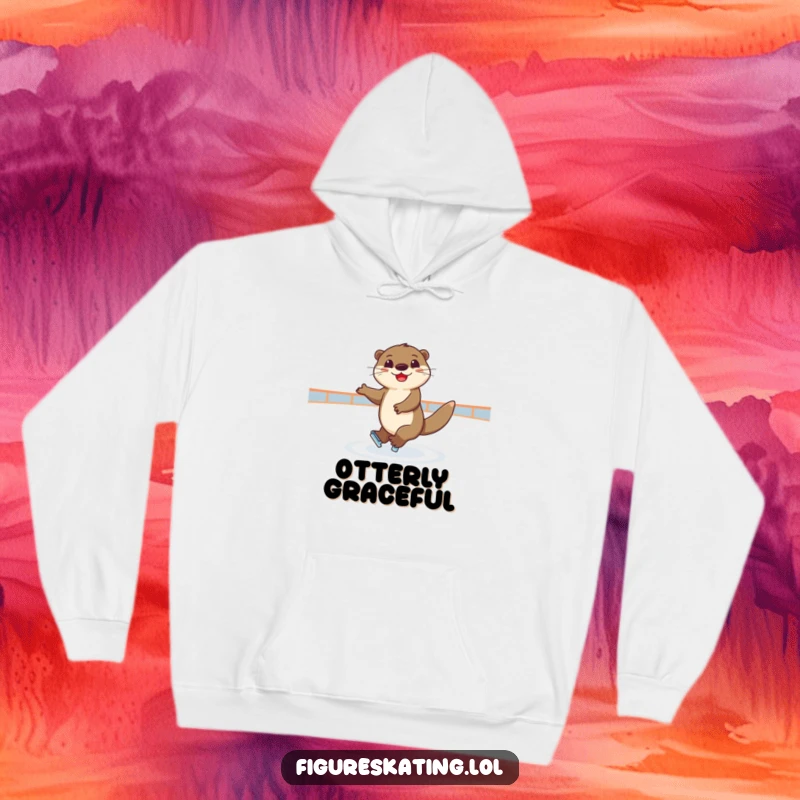 Funny hoodie depicting a joyful otter elegantly spinning on ice, offering cozy warmth and humorous charm.