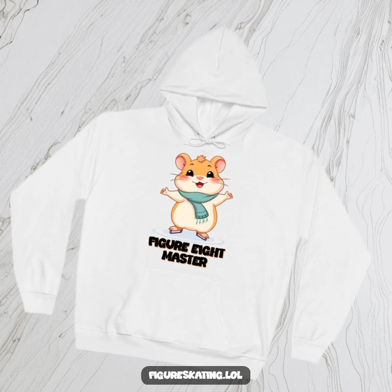 Funny smiling hamster holding a graceful ice skating pose on a cozy hoodie, spreading winter cheer.