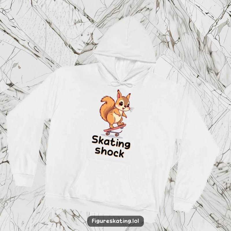 Funny hoodie design of a squirrel balancing on a skate with a comically surprised look, offering cozy humor.