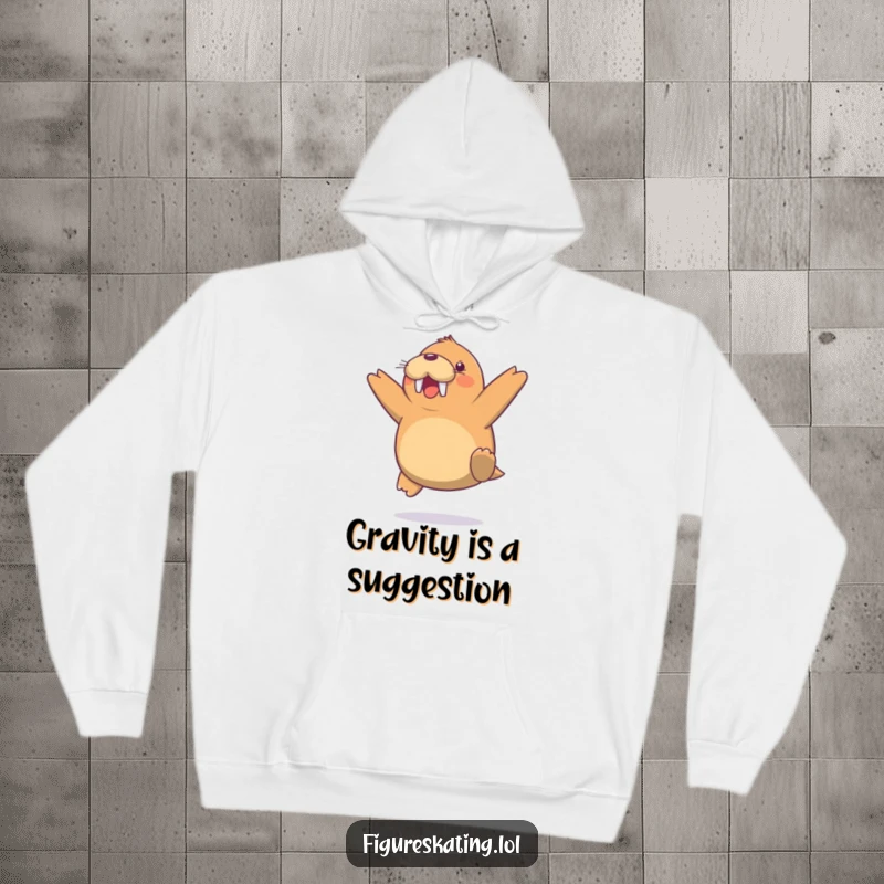 Funny Walrus Jump Hoodie, depicting a cheerful walrus in a surprising mid-air jump, offering cozy comfort with arctic charm.
