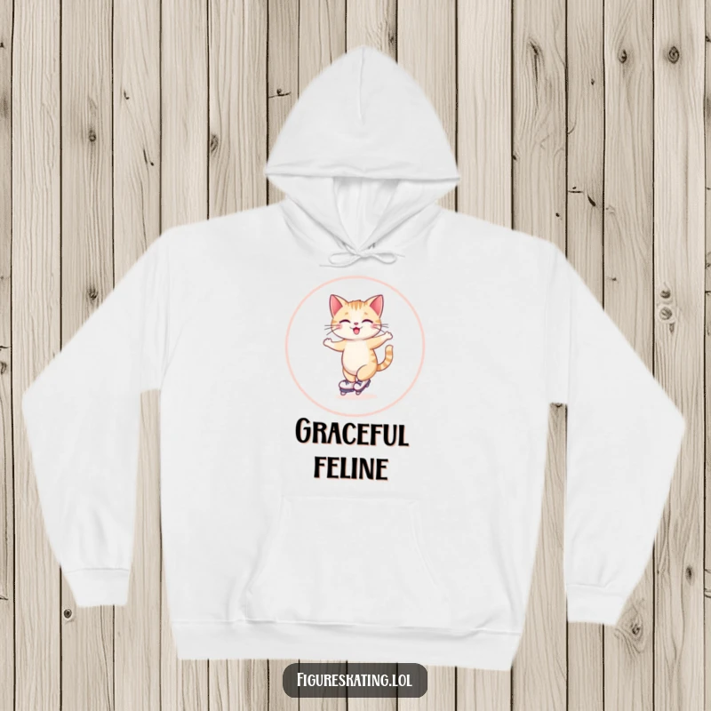 Funny hoodie design featuring a giggling cat skating elegantly in a wide circle, radiating pure feline joy.