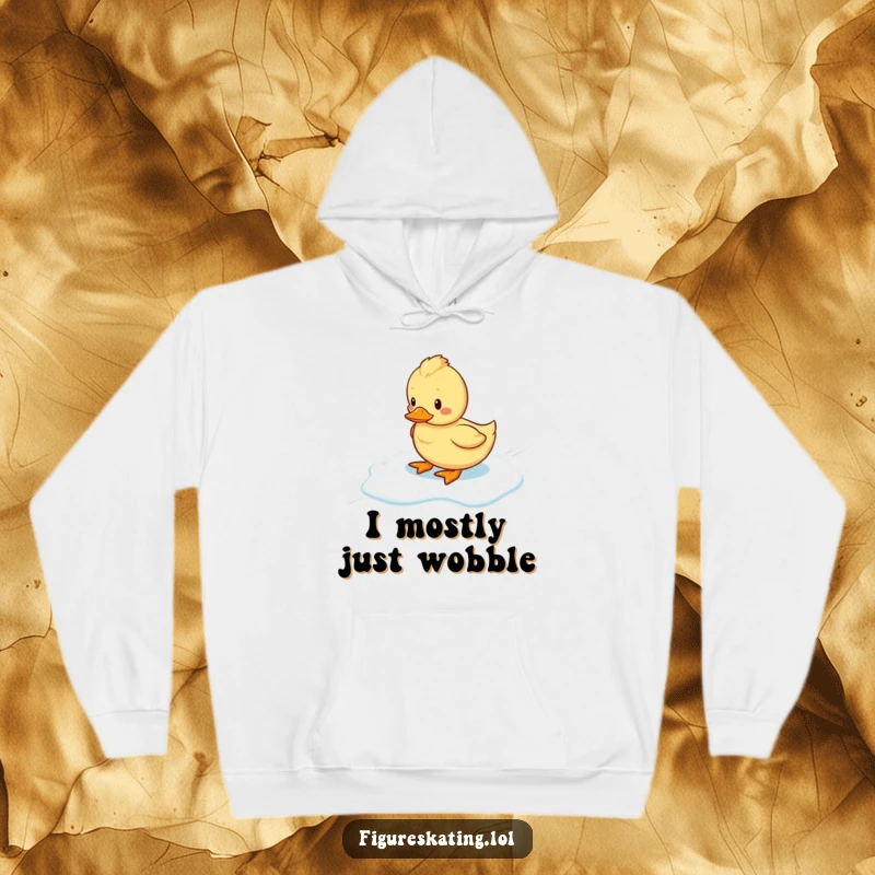 Funny wobbly duckling sliding on ice, printed on a comfortable hoodie, spreading winter cheer and humor.