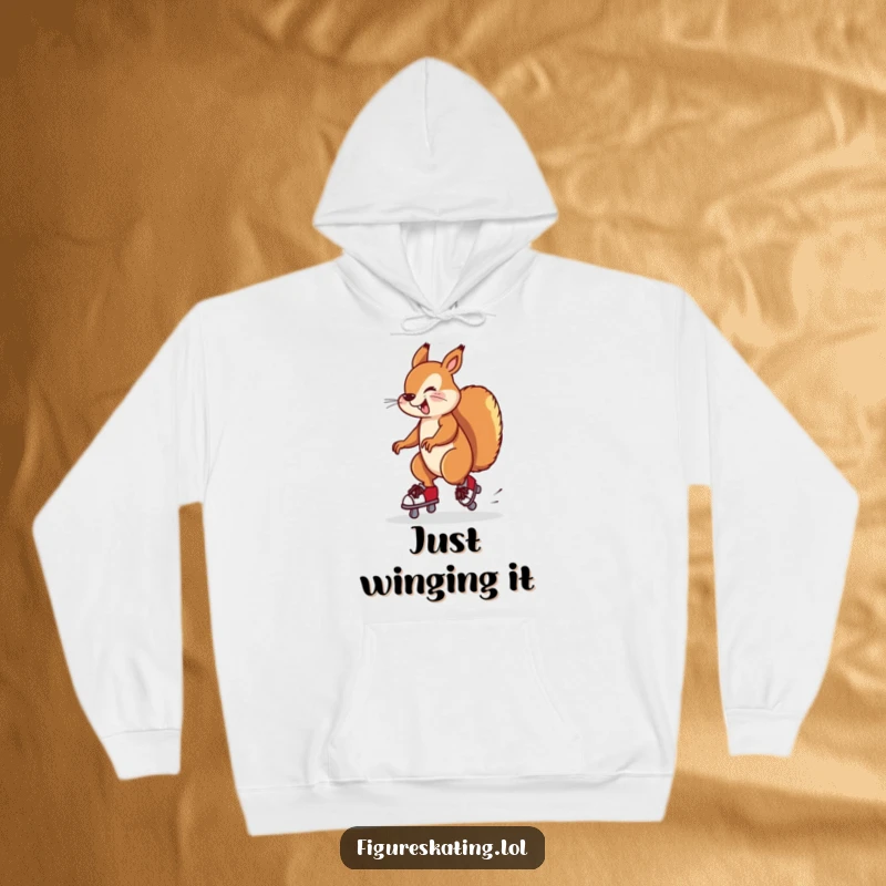 Funny hoodie with a silly squirrel performing a near-fall twirl on ice skates. A cozy, humorous piece.