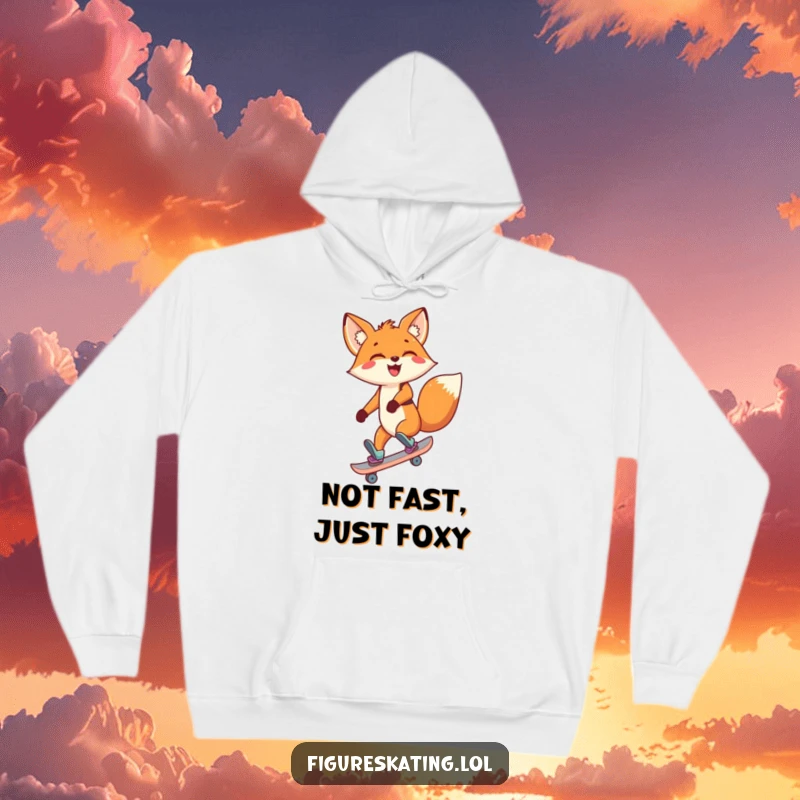Funny Fox Hoodie featuring a delighted cartoon fox skating backward with a wide smile, cozy for chilly days.