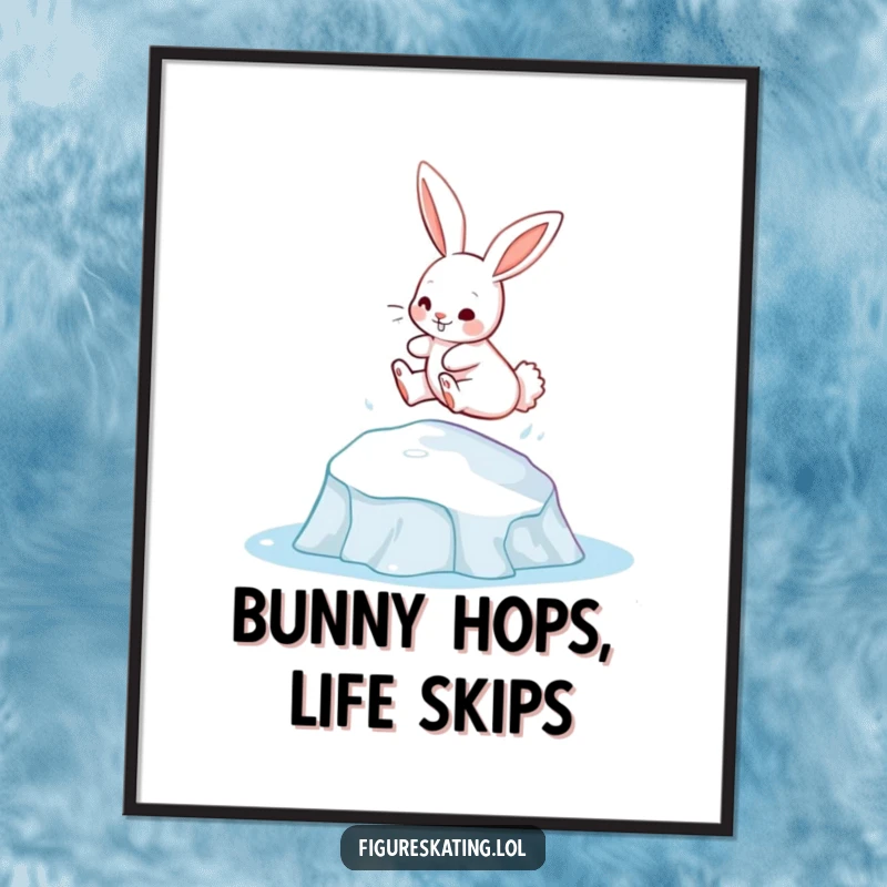 Funny Free Printable Wall Art: A bunny gracefully leaping and landing from a raised ice patch, capturing athletic and playful energy.