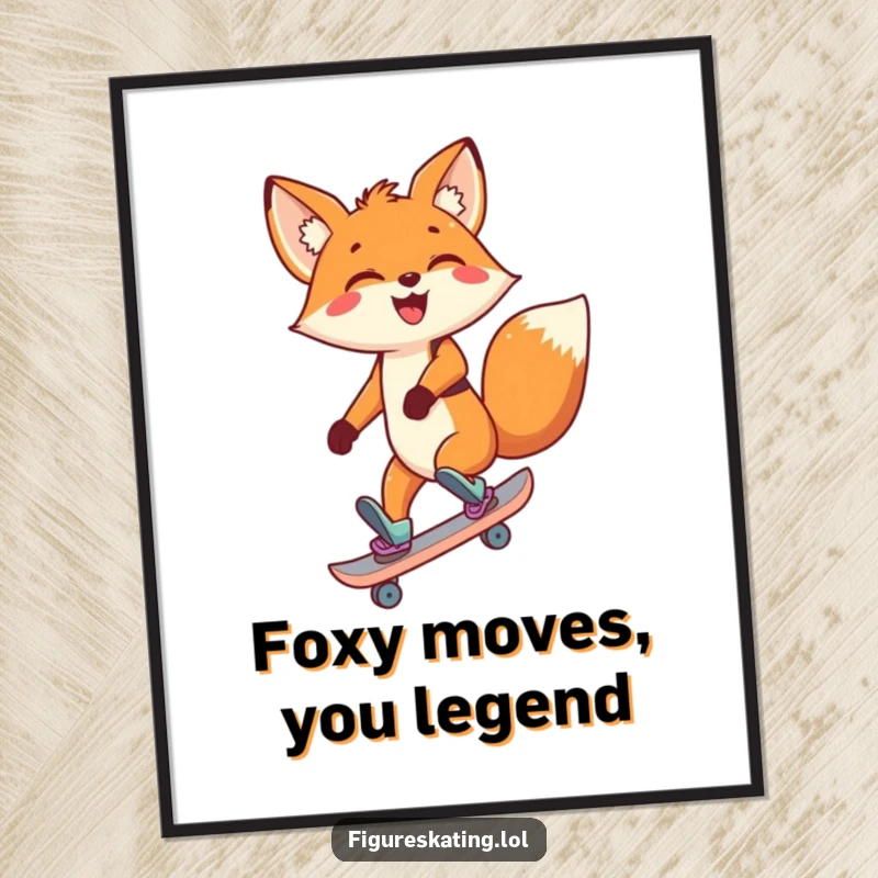 Funny Free Printable Wall Art: A delighted fox glides backwards on skates, its big smile capturing a moment of pure, unadulterated fun.