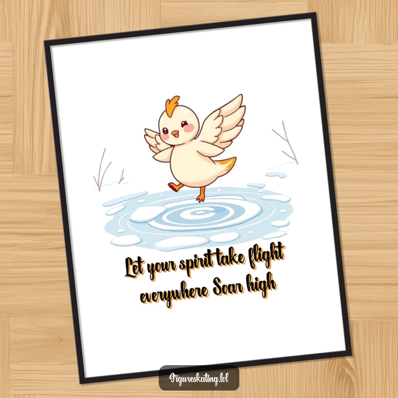 Funny free printable wall art of a cheerful, winged fairy twirling elegantly on a frozen pond, radiating joy and magic.