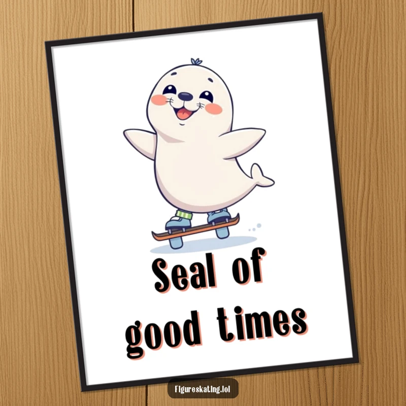 Funny Free Printable Wall Art: Curious seal balancing on one skate with a wide, infectious grin.