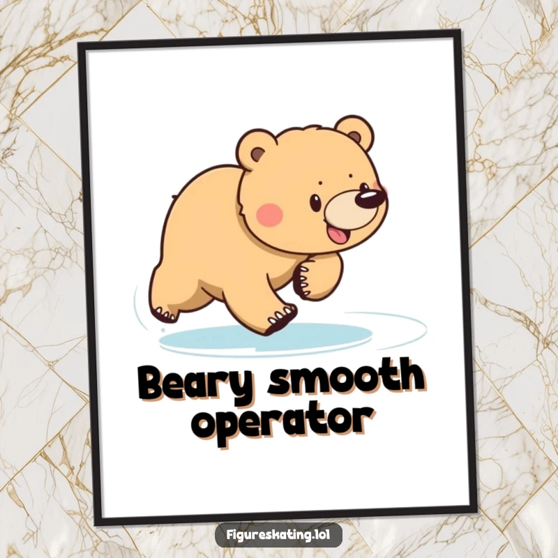 Funny Free Printable Wall Art: A determined bear sliding across ice in a wide, sweeping motion, a humorous and dynamic depiction.