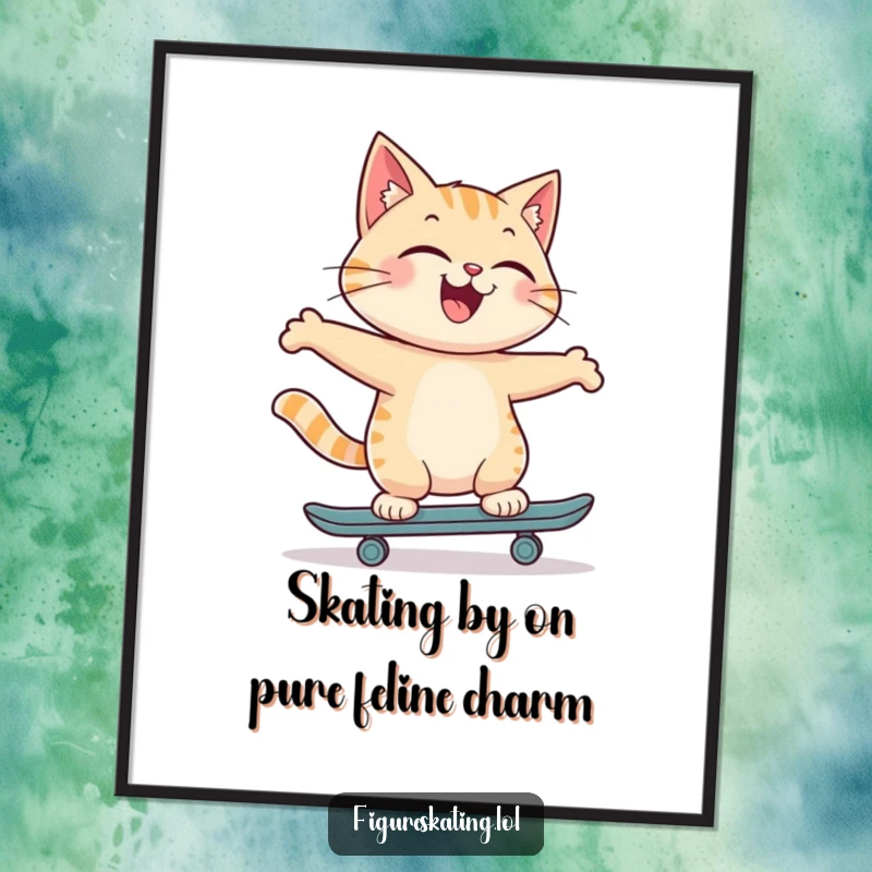 Funny Free Printable Wall Art: Joyful cat skates backwards with a proud smile, cool and funny, humorous downloadable decor.