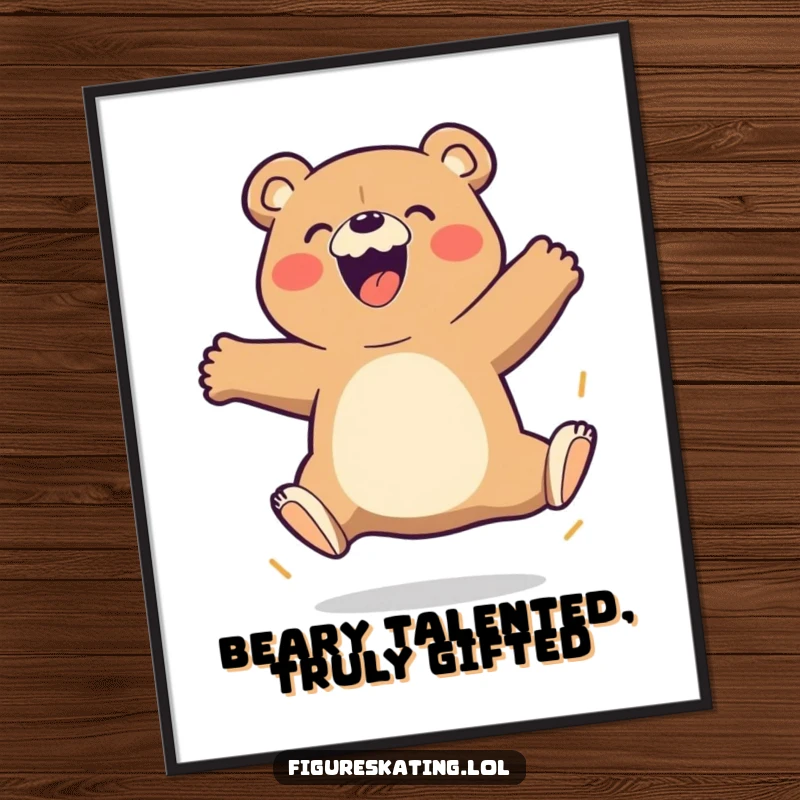 Funny Free Printable Wall Art: A beaming bear with determined focus attempts a powerful triple jump, showcasing athletic fun.