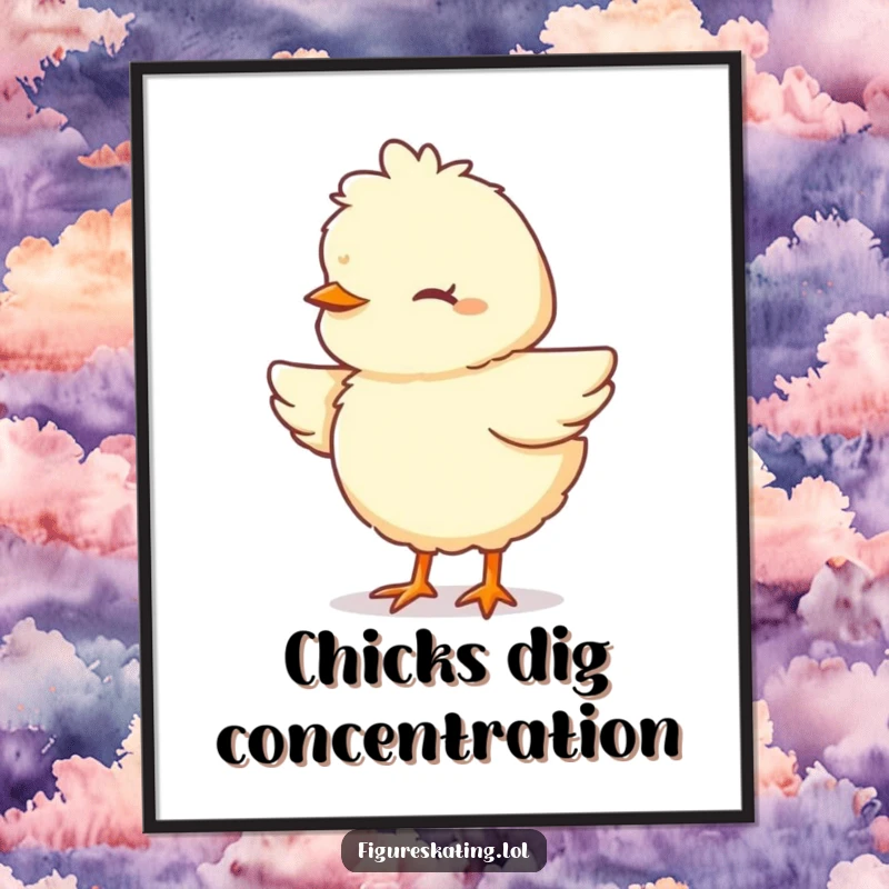 Funny Free Printable Wall Art: A small, fluffy chick performs an intricate pirouette with its eyes closed, focused on a graceful performance.