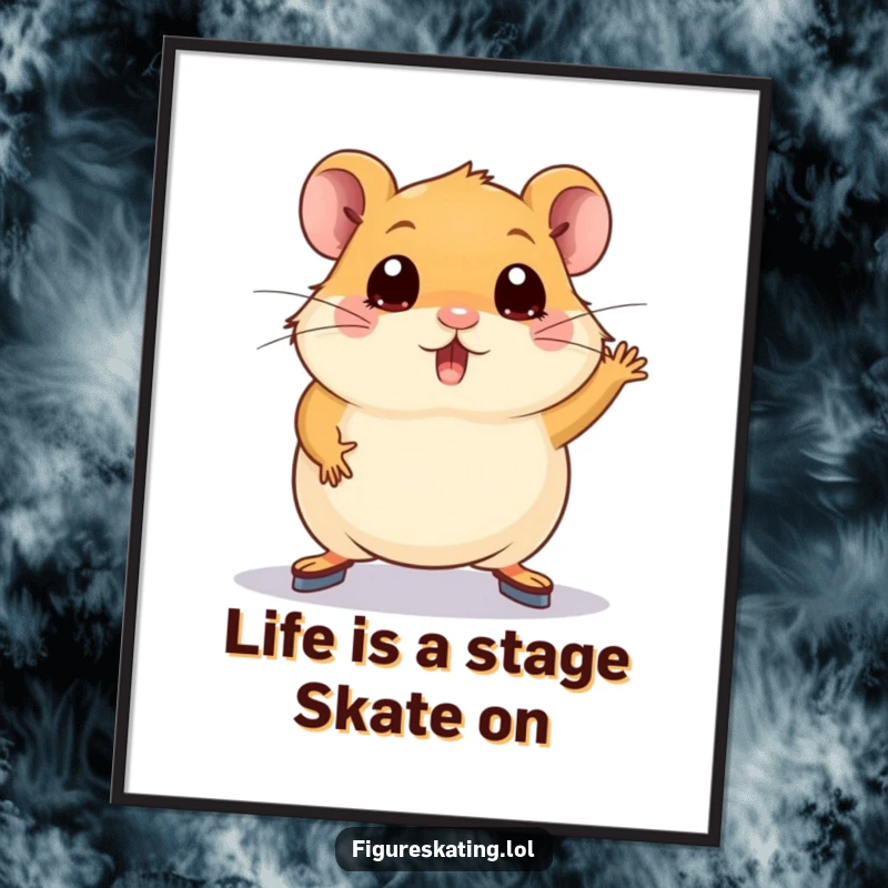 Funny Free Printable Wall Art: Wide-eyed hamster wobbling precariously while attempting a figure skating pose. A humorous DIY decor.