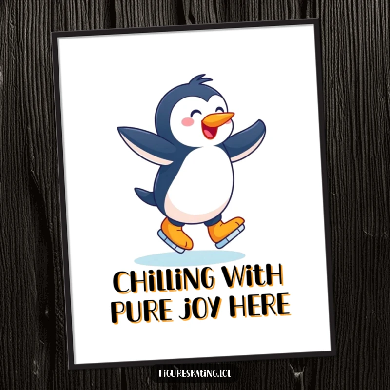 Funny Free Printable Wall Art: a joyful penguin twirling with arms outstretched on ice skates, a humorous and cute downloadable.