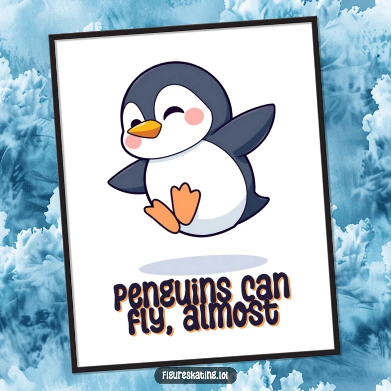 Funny Free Printable Wall Art: A shy penguin attempts a comical, wobbly jump, grinning with determination.