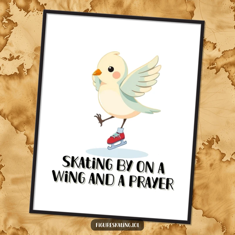 Funny Free Printable Wall Art: Bird gracefully performing an elegant pirouette on ice skates, wings outstretched.