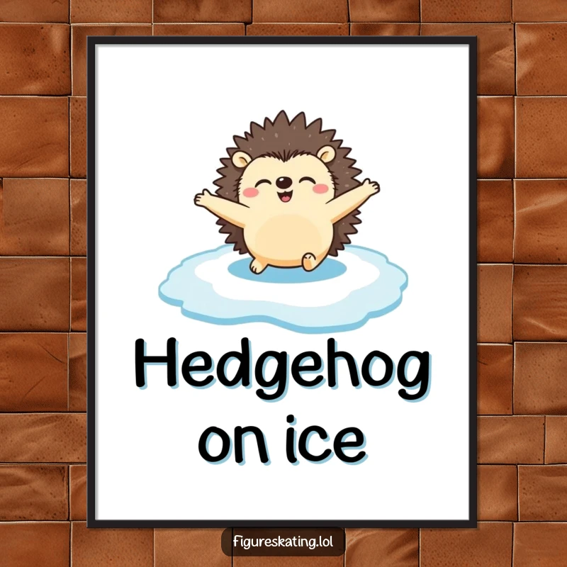 Funny Free Printable Wall Art: Happy hedgehog gliding effortlessly on ice with arms spread, a humorous and heartwarming scene.