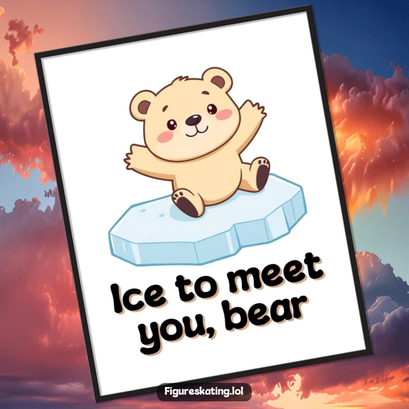 Funny Free Printable wall art: a curious bear cub sliding smoothly across ice, arms outstretched for balance, looking joyful.