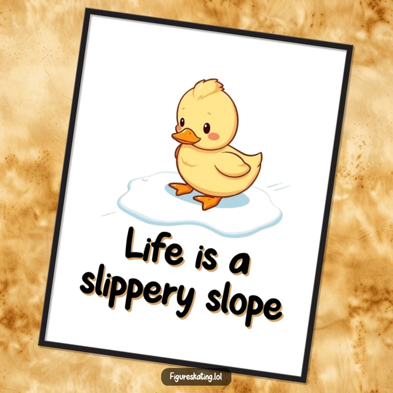 Funny Free Printable Wall Art: A charmingly wobbly duckling hilariously slides across a frosty ice rink. Instant download.