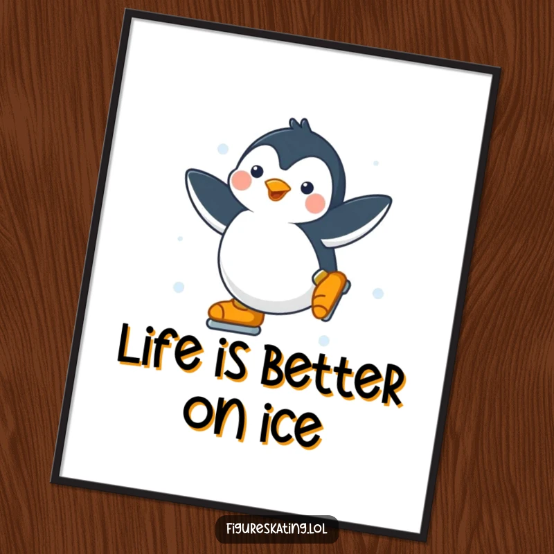 Funny Free Printable Penguin Wall Art a penguin ice skating with grace, a humorous downloadable art piece.