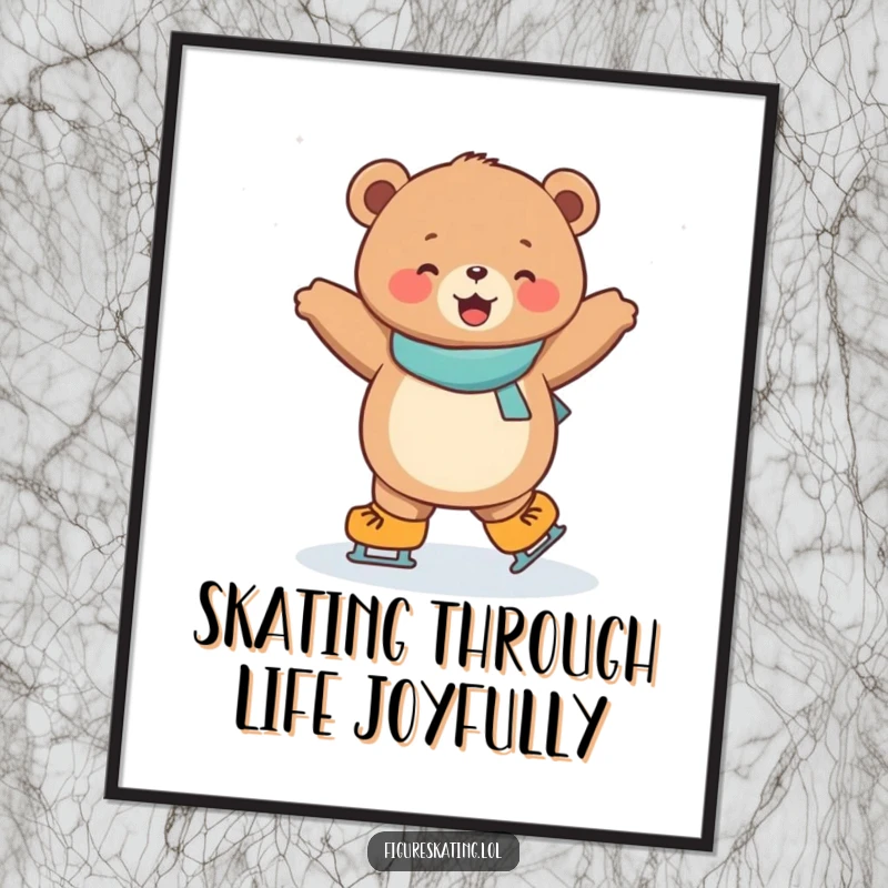 Funny Free Printable Bear Cub Wall Art: A joyful, round bear cub performing an impressive, dazzling spin on ice skates.